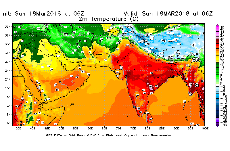 Mappa di analisi GFS - Temperatura a 2 metri dal suolo [°C] in Asia Sud-Occidentale
							del 18/03/2018 06 <!--googleoff: index-->UTC<!--googleon: index-->