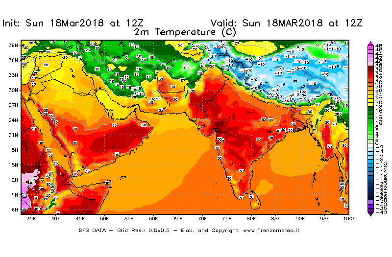 Mappa di analisi GFS - Temperatura a 2 metri dal suolo [°C] in Asia Sud-Occidentale
							del 18/03/2018 12 <!--googleoff: index-->UTC<!--googleon: index-->