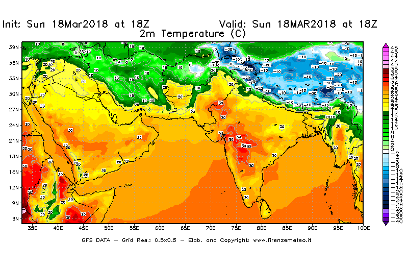 Mappa di analisi GFS - Temperatura a 2 metri dal suolo [°C] in Asia Sud-Occidentale
							del 18/03/2018 18 <!--googleoff: index-->UTC<!--googleon: index-->