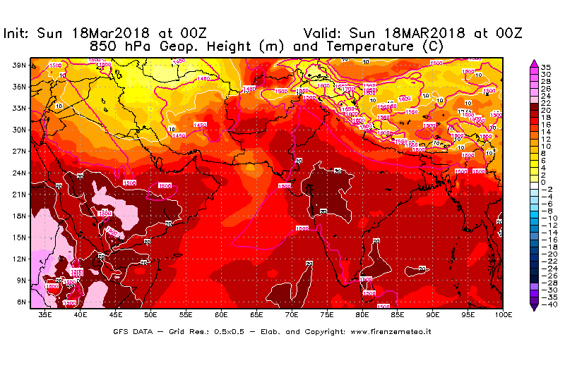 Mappa di analisi GFS - Geopotenziale [m] e Temperatura [°C] a 850 hPa in Asia Sud-Occidentale
							del 18/03/2018 00 <!--googleoff: index-->UTC<!--googleon: index-->