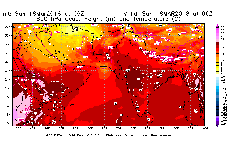 Mappa di analisi GFS - Geopotenziale [m] e Temperatura [°C] a 850 hPa in Asia Sud-Occidentale
							del 18/03/2018 06 <!--googleoff: index-->UTC<!--googleon: index-->