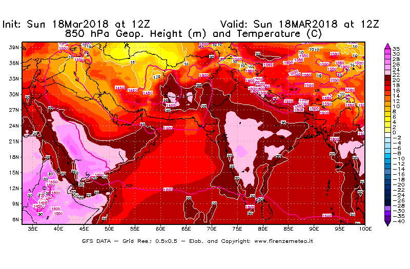 Mappa di analisi GFS - Geopotenziale [m] e Temperatura [°C] a 850 hPa in Asia Sud-Occidentale
							del 18/03/2018 12 <!--googleoff: index-->UTC<!--googleon: index-->
