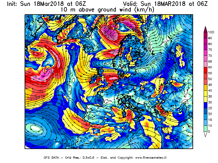 Mappa di analisi GFS - Velocità del vento a 10 metri dal suolo [km/h] in Europa
							del 18/03/2018 06 <!--googleoff: index-->UTC<!--googleon: index-->