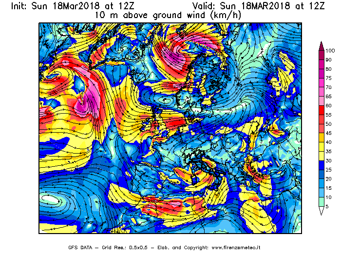 Mappa di analisi GFS - Velocità del vento a 10 metri dal suolo [km/h] in Europa
							del 18/03/2018 12 <!--googleoff: index-->UTC<!--googleon: index-->