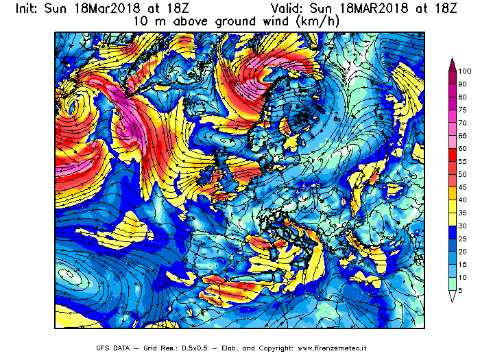 Mappa di analisi GFS - Velocità del vento a 10 metri dal suolo [km/h] in Europa
							del 18/03/2018 18 <!--googleoff: index-->UTC<!--googleon: index-->
