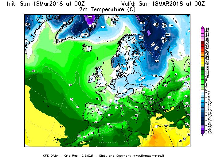 Mappa di analisi GFS - Temperatura a 2 metri dal suolo [°C] in Europa
							del 18/03/2018 00 <!--googleoff: index-->UTC<!--googleon: index-->