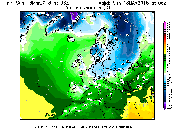 Mappa di analisi GFS - Temperatura a 2 metri dal suolo [°C] in Europa
							del 18/03/2018 06 <!--googleoff: index-->UTC<!--googleon: index-->