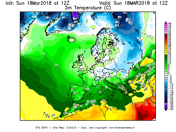 Mappa di analisi GFS - Temperatura a 2 metri dal suolo [°C] in Europa
							del 18/03/2018 12 <!--googleoff: index-->UTC<!--googleon: index-->