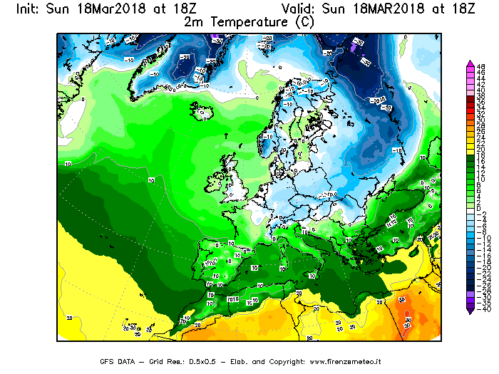 Mappa di analisi GFS - Temperatura a 2 metri dal suolo [°C] in Europa
							del 18/03/2018 18 <!--googleoff: index-->UTC<!--googleon: index-->
