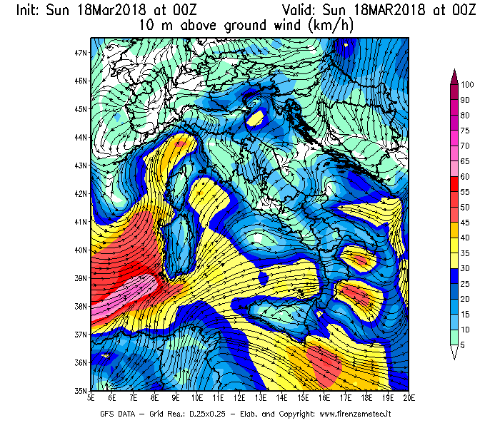 Mappa di analisi GFS - Velocità del vento a 10 metri dal suolo [km/h] in Italia
							del 18/03/2018 00 <!--googleoff: index-->UTC<!--googleon: index-->