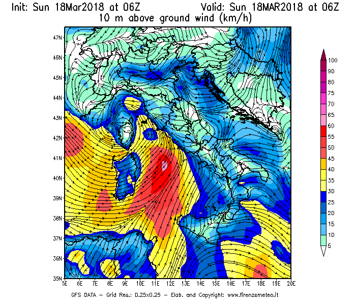 Mappa di analisi GFS - Velocità del vento a 10 metri dal suolo [km/h] in Italia
							del 18/03/2018 06 <!--googleoff: index-->UTC<!--googleon: index-->