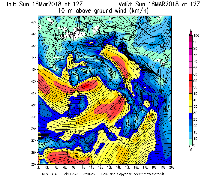 Mappa di analisi GFS - Velocità del vento a 10 metri dal suolo [km/h] in Italia
							del 18/03/2018 12 <!--googleoff: index-->UTC<!--googleon: index-->