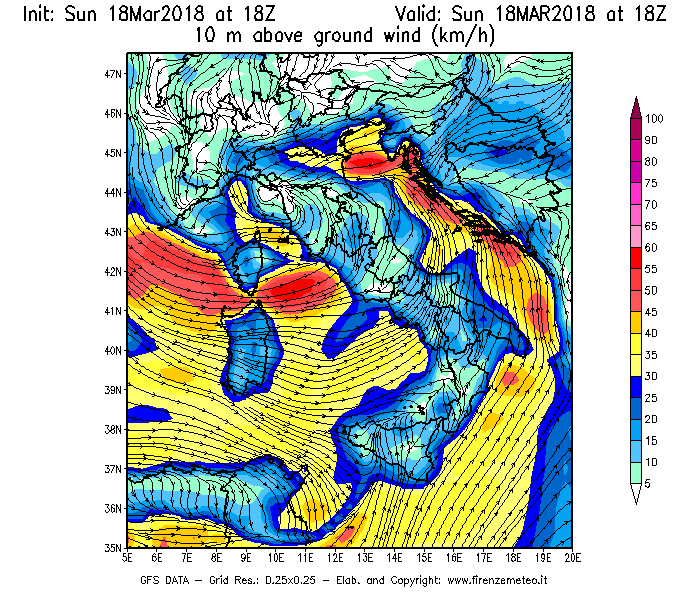 Mappa di analisi GFS - Velocità del vento a 10 metri dal suolo [km/h] in Italia
							del 18/03/2018 18 <!--googleoff: index-->UTC<!--googleon: index-->
