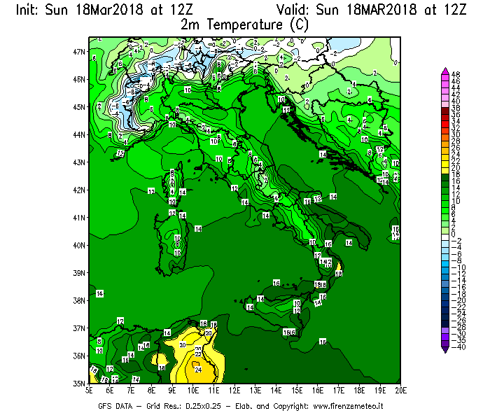Mappa di analisi GFS - Temperatura a 2 metri dal suolo [°C] in Italia
							del 18/03/2018 12 <!--googleoff: index-->UTC<!--googleon: index-->