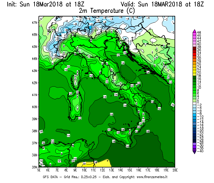 Mappa di analisi GFS - Temperatura a 2 metri dal suolo [°C] in Italia
							del 18/03/2018 18 <!--googleoff: index-->UTC<!--googleon: index-->