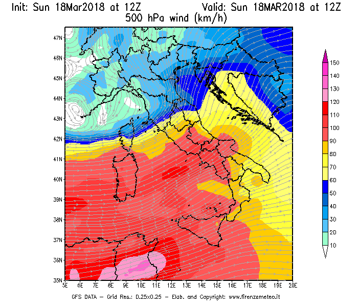 Mappa di analisi GFS - Velocità del vento a 500 hPa [km/h] in Italia
							del 18/03/2018 12 <!--googleoff: index-->UTC<!--googleon: index-->