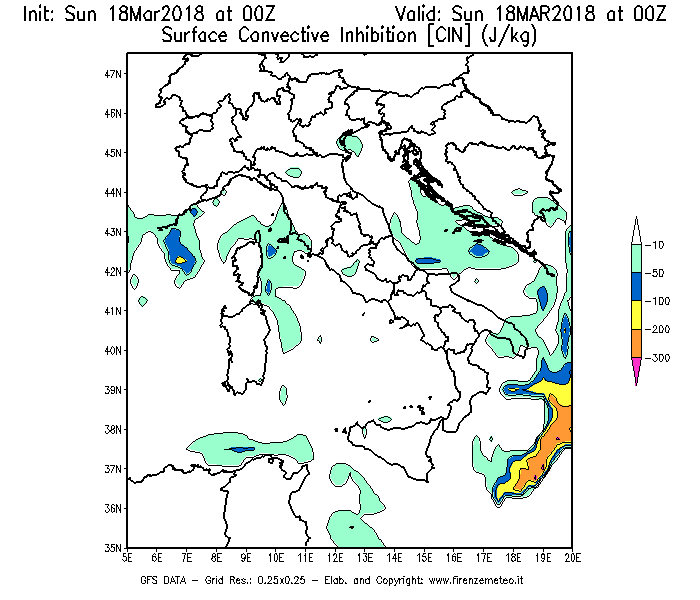 Mappa di analisi GFS - CIN [J/kg] in Italia
							del 18/03/2018 00 <!--googleoff: index-->UTC<!--googleon: index-->