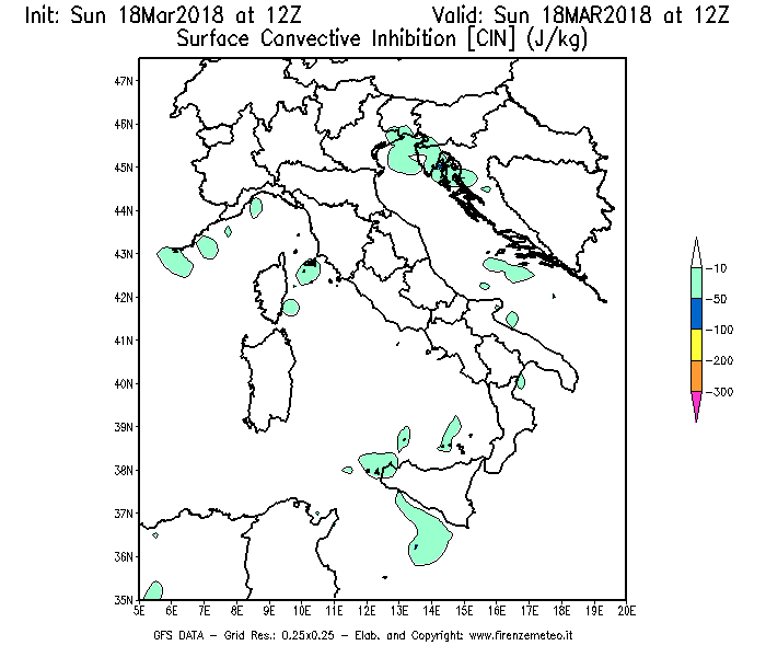 Mappa di analisi GFS - CIN [J/kg] in Italia
							del 18/03/2018 12 <!--googleoff: index-->UTC<!--googleon: index-->