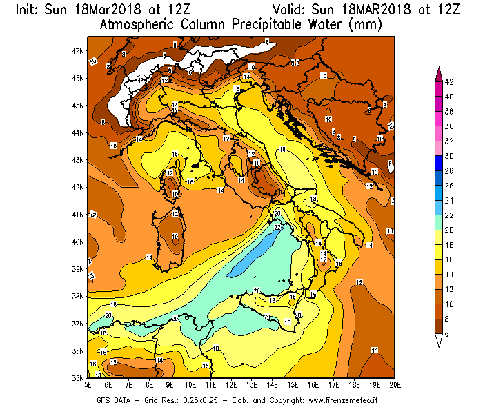 Mappa di analisi GFS - Precipitable Water [mm] in Italia
							del 18/03/2018 12 <!--googleoff: index-->UTC<!--googleon: index-->