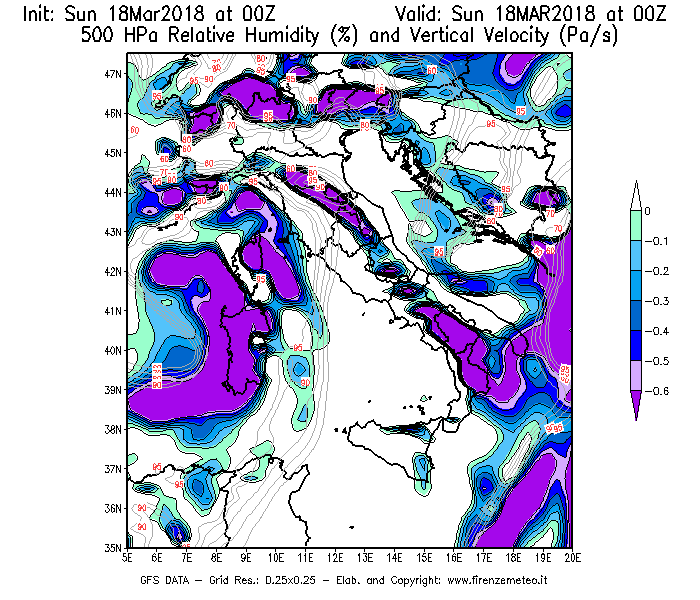 Mappa di analisi GFS - Umidità relativa [%] e Omega [Pa/s] a 500 hPa in Italia
							del 18/03/2018 00 <!--googleoff: index-->UTC<!--googleon: index-->
