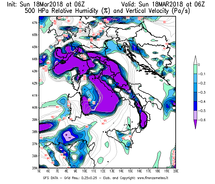 Mappa di analisi GFS - Umidità relativa [%] e Omega [Pa/s] a 500 hPa in Italia
							del 18/03/2018 06 <!--googleoff: index-->UTC<!--googleon: index-->