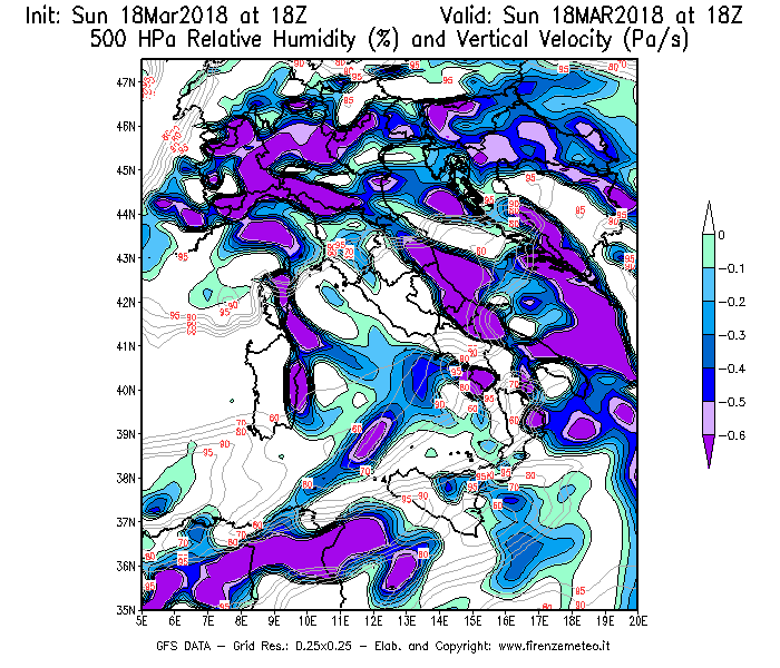 Mappa di analisi GFS - Umidità relativa [%] e Omega [Pa/s] a 500 hPa in Italia
							del 18/03/2018 18 <!--googleoff: index-->UTC<!--googleon: index-->