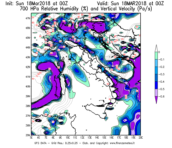 Mappa di analisi GFS - Umidità relativa [%] e Omega [Pa/s] a 700 hPa in Italia
							del 18/03/2018 00 <!--googleoff: index-->UTC<!--googleon: index-->