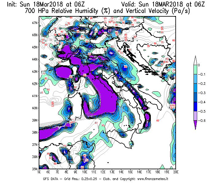 Mappa di analisi GFS - Umidità relativa [%] e Omega [Pa/s] a 700 hPa in Italia
							del 18/03/2018 06 <!--googleoff: index-->UTC<!--googleon: index-->