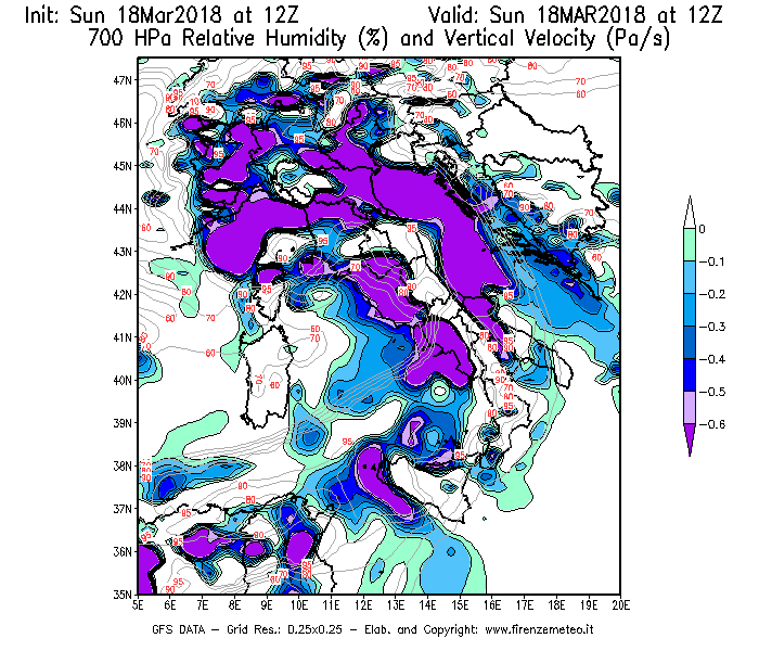 Mappa di analisi GFS - Umidità relativa [%] e Omega [Pa/s] a 700 hPa in Italia
							del 18/03/2018 12 <!--googleoff: index-->UTC<!--googleon: index-->