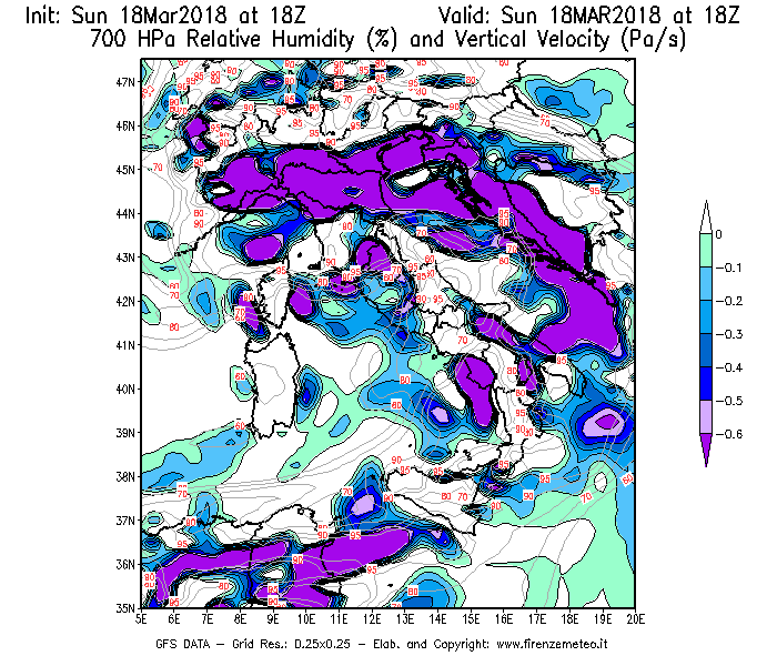 Mappa di analisi GFS - Umidità relativa [%] e Omega [Pa/s] a 700 hPa in Italia
							del 18/03/2018 18 <!--googleoff: index-->UTC<!--googleon: index-->