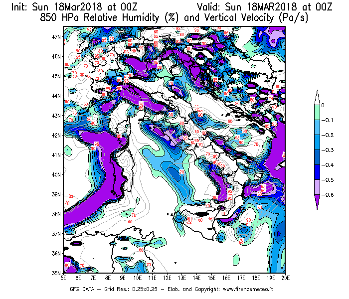Mappa di analisi GFS - Umidità relativa [%] e Omega [Pa/s] a 850 hPa in Italia
							del 18/03/2018 00 <!--googleoff: index-->UTC<!--googleon: index-->