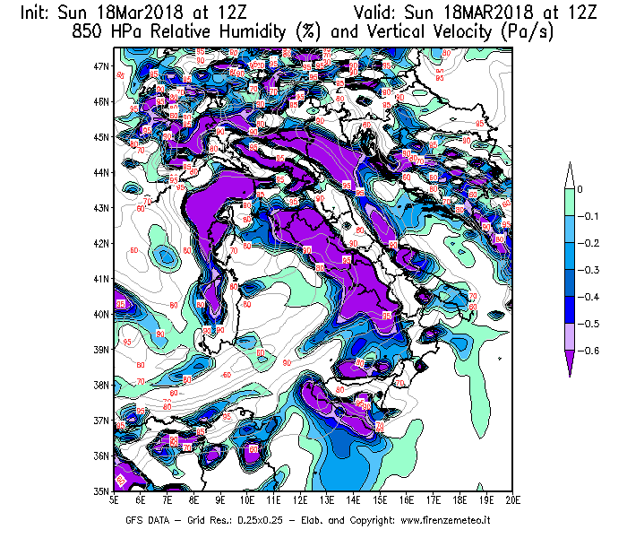 Mappa di analisi GFS - Umidità relativa [%] e Omega [Pa/s] a 850 hPa in Italia
							del 18/03/2018 12 <!--googleoff: index-->UTC<!--googleon: index-->