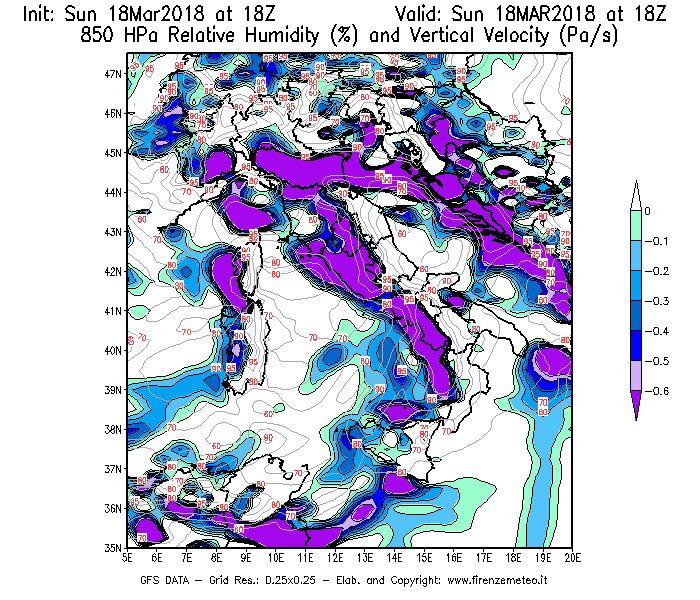 Mappa di analisi GFS - Umidità relativa [%] e Omega [Pa/s] a 850 hPa in Italia
							del 18/03/2018 18 <!--googleoff: index-->UTC<!--googleon: index-->