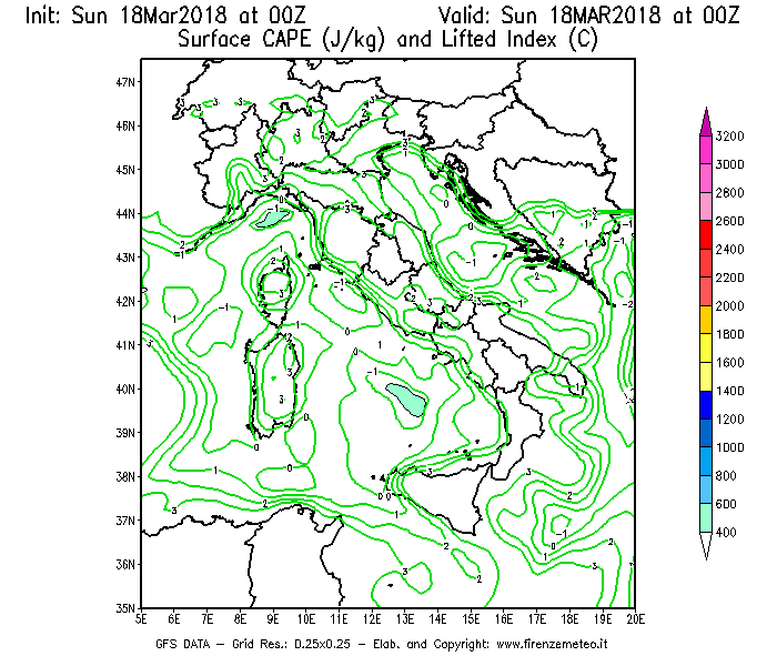 Mappa di analisi GFS - CAPE [J/kg] e Lifted Index [°C] in Italia
							del 18/03/2018 00 <!--googleoff: index-->UTC<!--googleon: index-->