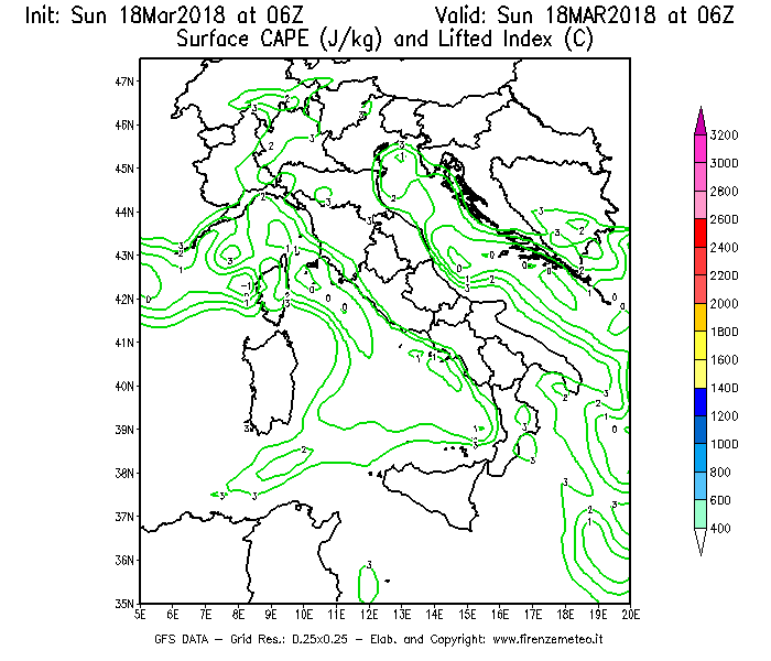Mappa di analisi GFS - CAPE [J/kg] e Lifted Index [°C] in Italia
							del 18/03/2018 06 <!--googleoff: index-->UTC<!--googleon: index-->