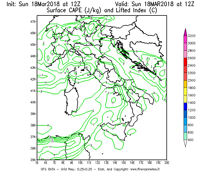 Mappa di analisi GFS - CAPE [J/kg] e Lifted Index [°C] in Italia
							del 18/03/2018 12 <!--googleoff: index-->UTC<!--googleon: index-->