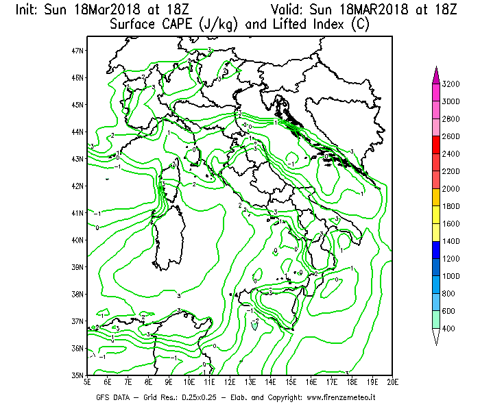 Mappa di analisi GFS - CAPE [J/kg] e Lifted Index [°C] in Italia
							del 18/03/2018 18 <!--googleoff: index-->UTC<!--googleon: index-->