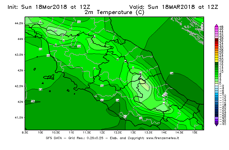 Mappa di analisi GFS - Temperatura a 2 metri dal suolo [°C] in Centro-Italia
							del 18/03/2018 12 <!--googleoff: index-->UTC<!--googleon: index-->