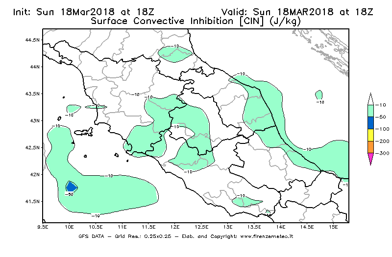 Mappa di analisi GFS - CIN [J/kg] in Centro-Italia
							del 18/03/2018 18 <!--googleoff: index-->UTC<!--googleon: index-->