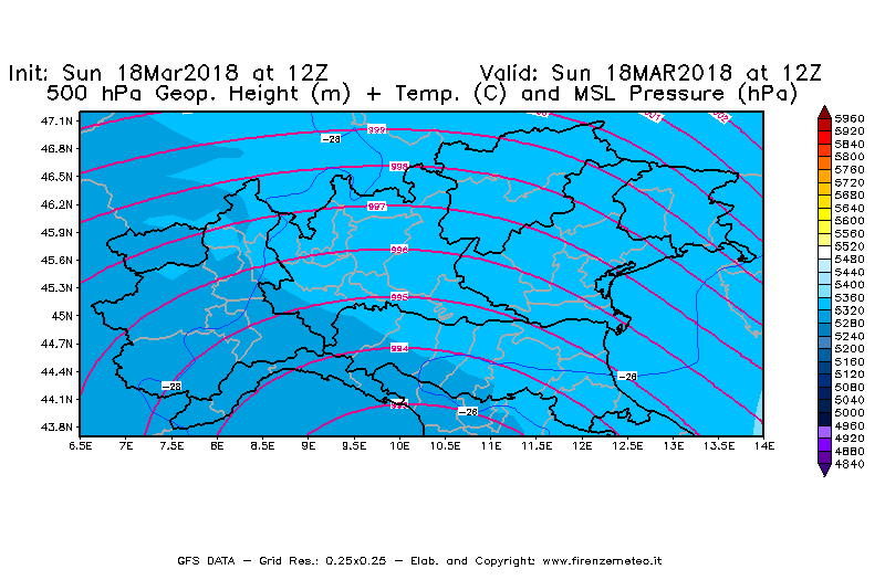 Mappa di analisi GFS - Geopotenziale [m] + Temp. [°C] a 500 hPa + Press. a livello del mare [hPa] in Nord-Italia
							del 18/03/2018 12 <!--googleoff: index-->UTC<!--googleon: index-->