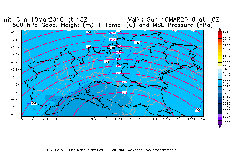 Mappa di analisi GFS - Geopotenziale [m] + Temp. [°C] a 500 hPa + Press. a livello del mare [hPa] in Nord-Italia
							del 18/03/2018 18 <!--googleoff: index-->UTC<!--googleon: index-->
