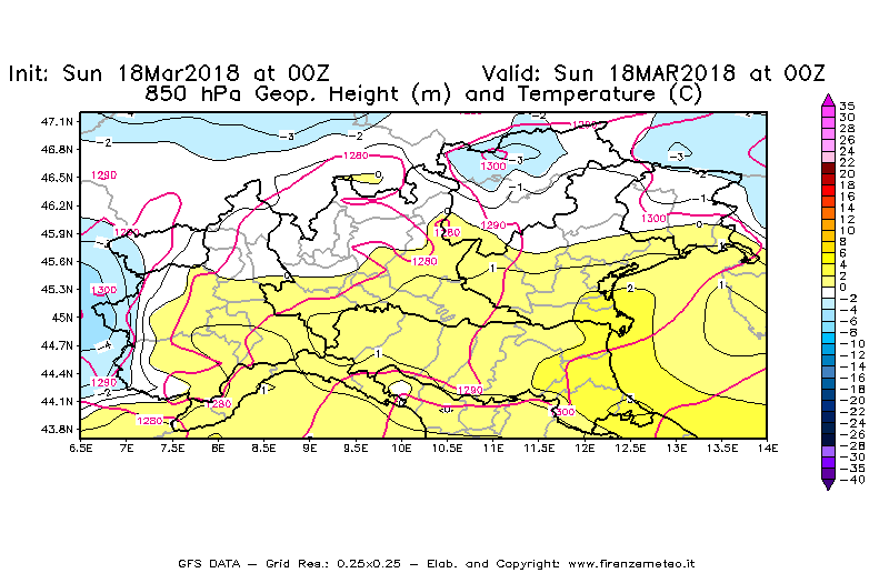 Mappa di analisi GFS - Geopotenziale [m] e Temperatura [°C] a 850 hPa in Nord-Italia
							del 18/03/2018 00 <!--googleoff: index-->UTC<!--googleon: index-->