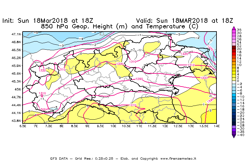 Mappa di analisi GFS - Geopotenziale [m] e Temperatura [°C] a 850 hPa in Nord-Italia
							del 18/03/2018 18 <!--googleoff: index-->UTC<!--googleon: index-->