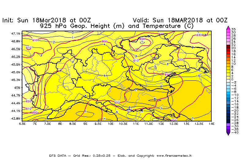 Mappa di analisi GFS - Geopotenziale [m] e Temperatura [°C] a 925 hPa in Nord-Italia
							del 18/03/2018 00 <!--googleoff: index-->UTC<!--googleon: index-->