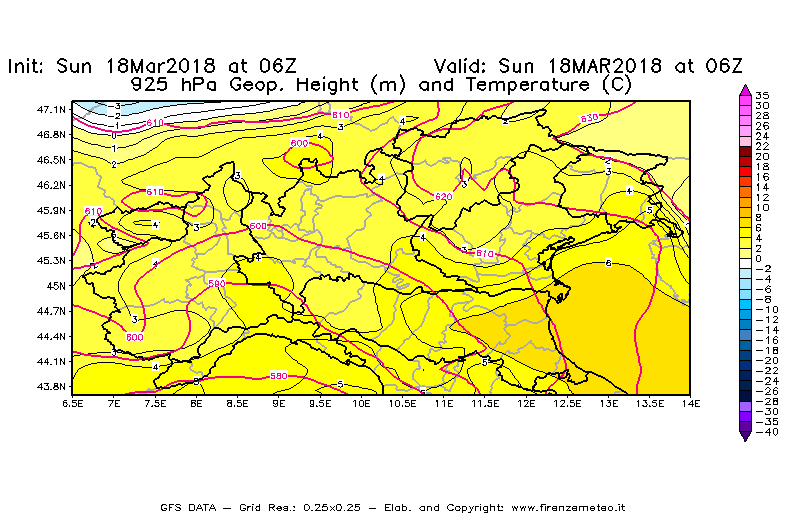 Mappa di analisi GFS - Geopotenziale [m] e Temperatura [°C] a 925 hPa in Nord-Italia
							del 18/03/2018 06 <!--googleoff: index-->UTC<!--googleon: index-->