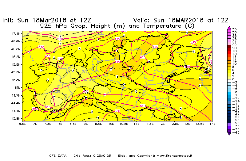 Mappa di analisi GFS - Geopotenziale [m] e Temperatura [°C] a 925 hPa in Nord-Italia
							del 18/03/2018 12 <!--googleoff: index-->UTC<!--googleon: index-->