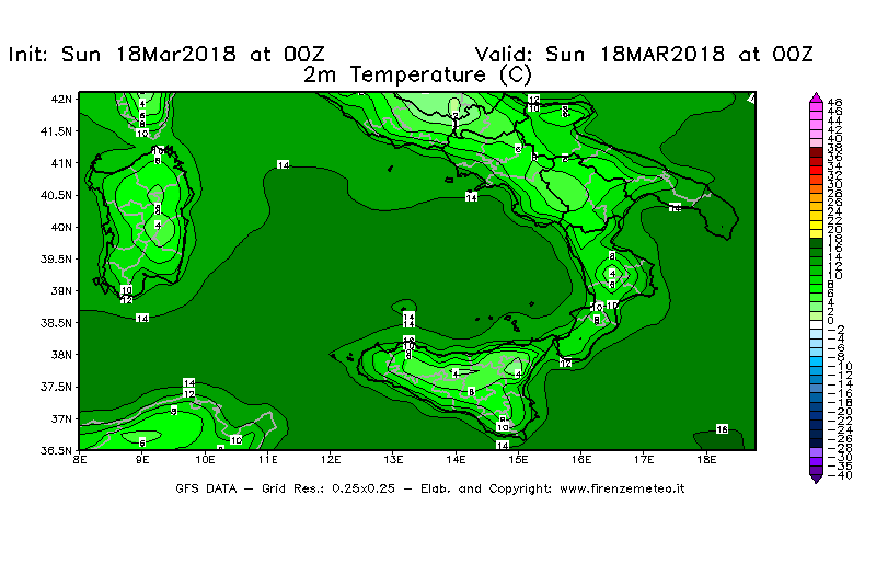 Mappa di analisi GFS - Temperatura a 2 metri dal suolo [°C] in Sud-Italia
							del 18/03/2018 00 <!--googleoff: index-->UTC<!--googleon: index-->