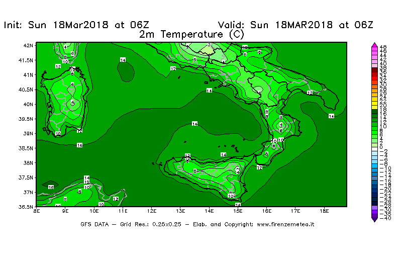 Mappa di analisi GFS - Temperatura a 2 metri dal suolo [°C] in Sud-Italia
							del 18/03/2018 06 <!--googleoff: index-->UTC<!--googleon: index-->