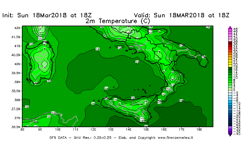 Mappa di analisi GFS - Temperatura a 2 metri dal suolo [°C] in Sud-Italia
							del 18/03/2018 18 <!--googleoff: index-->UTC<!--googleon: index-->