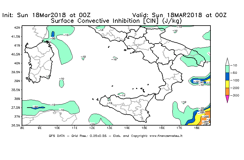 Mappa di analisi GFS - CIN [J/kg] in Sud-Italia
							del 18/03/2018 00 <!--googleoff: index-->UTC<!--googleon: index-->